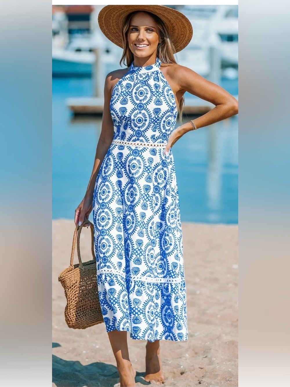 Cupshe Blue and White Halter Midi Dress